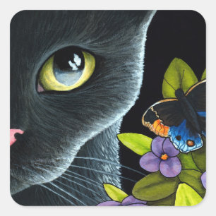 Black Cat 557 Blue butterfly Flowers Square Sticker