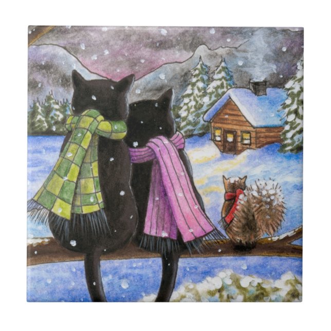 Black Cat 585 winter snow Squirrel Tile (Front)