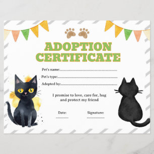 Black cat adopt a pet certificate editable flyer