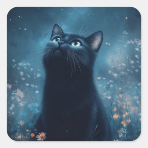 Black Cat Amidst Moonlit Wildflowers Square Sticker