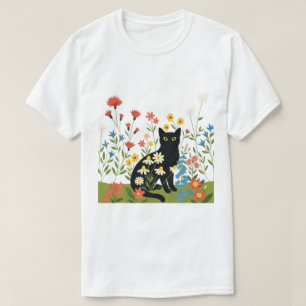 Black Cat Among Colorful Wildflowers – Cottagecore T-Shirt