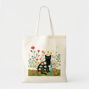 Black Cat Among Colorful Wildflowers – Cottagecore Tote Bag