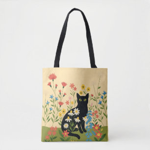 Black Cat Among Colorful Wildflowers – Cottagecore Tote Bag