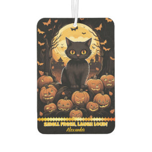 Black cat among glowing pumpkins at dusk car air freshener