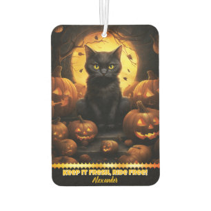 Black cat among glowing pumpkins car air freshener