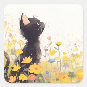 Black Cat Among the Flowers Square Sticker
