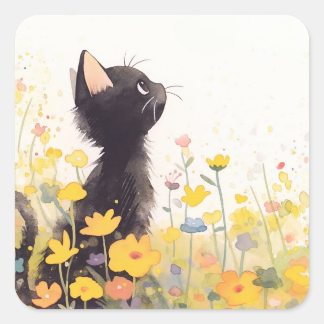 Black Cat Among the Flowers Square Sticker (Front)