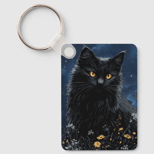 Black Cat Amongst the Flowers Key Ring (Front)