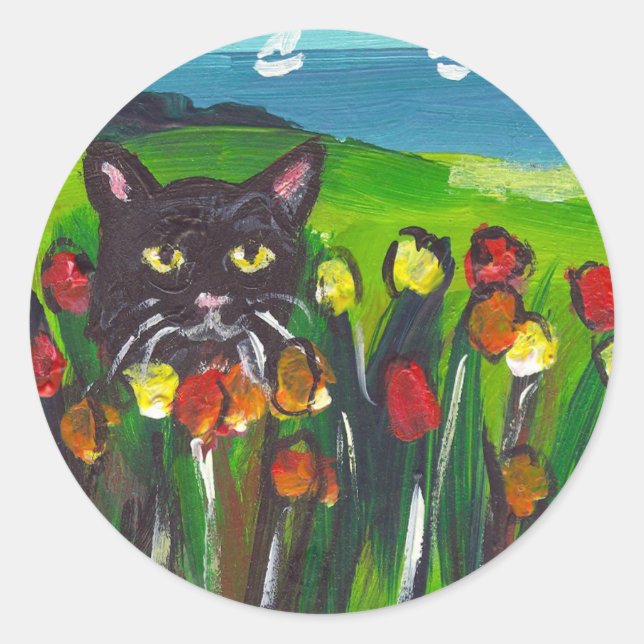 Black cat amongst tulips classic round sticker (Front)