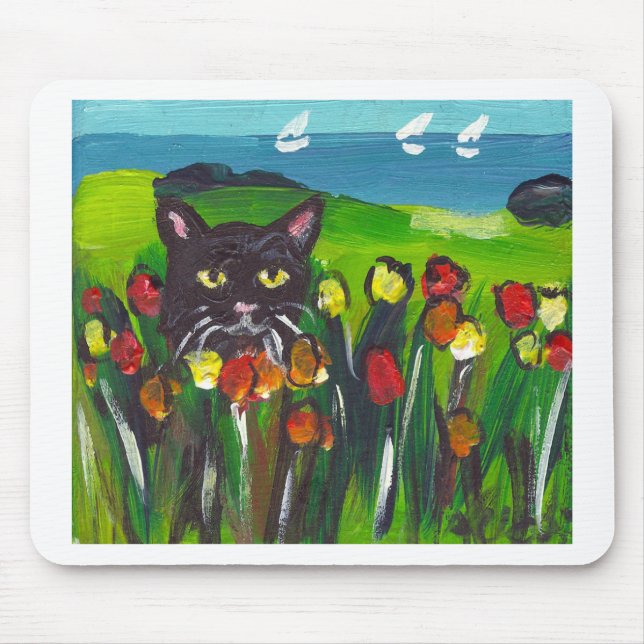 Black cat amongst tulips mouse mat (Front)