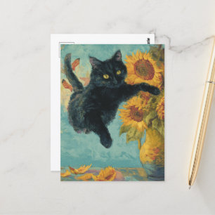 Black Cat and a Vase of Sunflowers Postcard