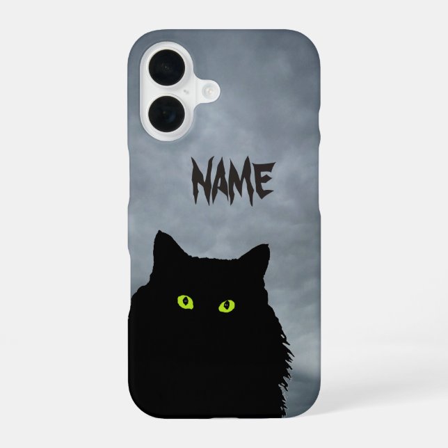 Black Cat and Angry Clouds iPhone 16 Case (Back)