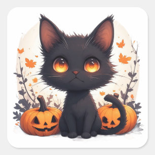 Black Cat and Autumn Pumpkin Square Sticker