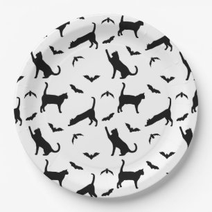 Black Cat And Bat Shapes Cute Halloween Pattern Paper Plate