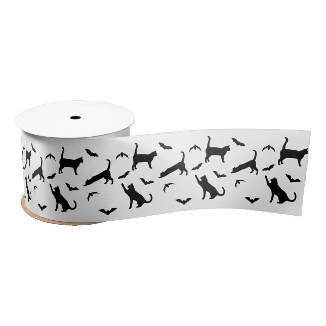Black Cat And Bat Silhouettes On White Halloween Satin Ribbon (Spool)