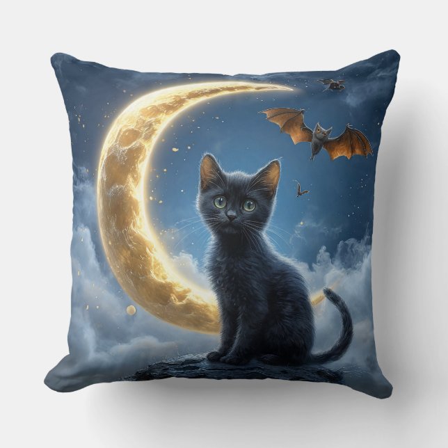 Black Cat and Bats Under a Crescent Moon Cushion (Front)