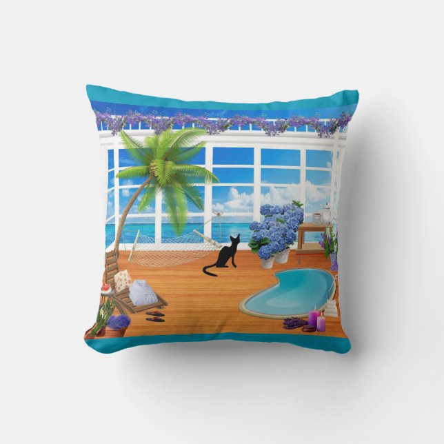 Black Cat and Beach Pillow (Front)