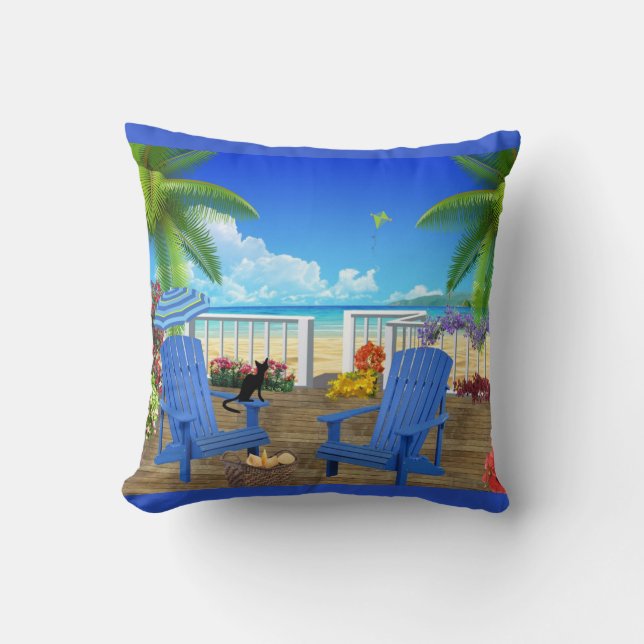 Black Cat and Beach Pillow (Front)