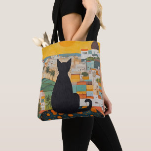  Black Cat and Beatiful City Tote Bag