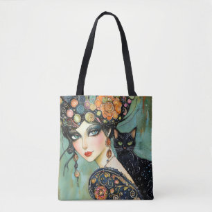Black Cat and Beautiful Woman Tote Bag