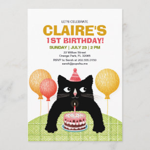 Black cat and birthday cake. invitation