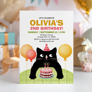 Black cat and birthday cake. invitation