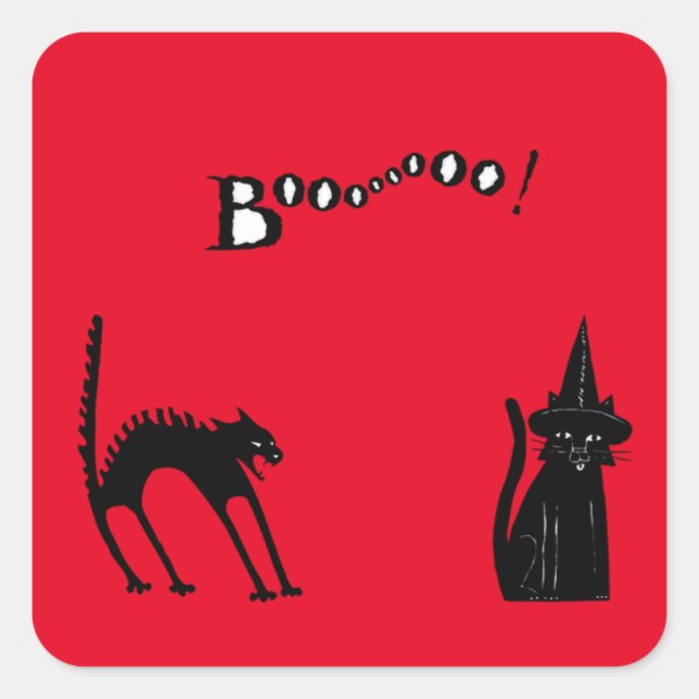 BLACK CAT AND BOO HALLOWEEN SQUARE STICKER (Front)