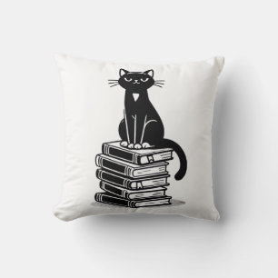 Black Cat and Books – Minimalist Design Cushion