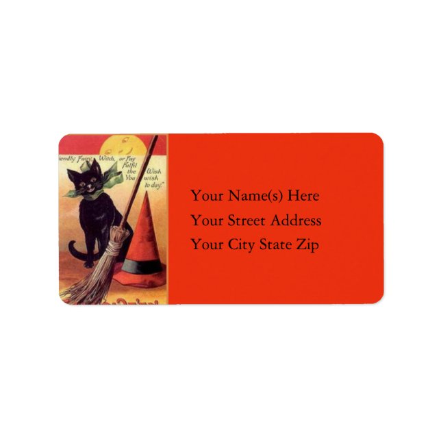 Black Cat and Broom Vintage Address Label (Front)