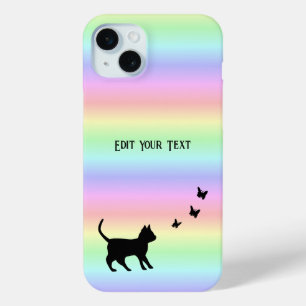 Black Cat and Butterfly on Rainbow iPhone 15 Mini Case