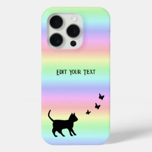 Black Cat and Butterfly on Rainbow iPhone 15 Pro Case