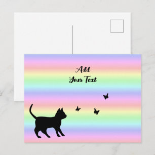 Black Cat and Butterfly on Rainbow Postcard
