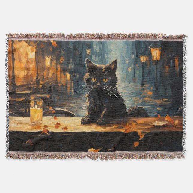 Black Cat and Cafe at Night Throw Blanket (Front)