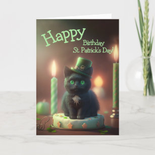Black Cat and Cake Birthday St. Patrick's Day Holiday Card