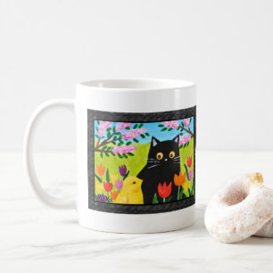 Black Cat and Chick Cute Folk Art Cat Lover Gift Coffee Mug
