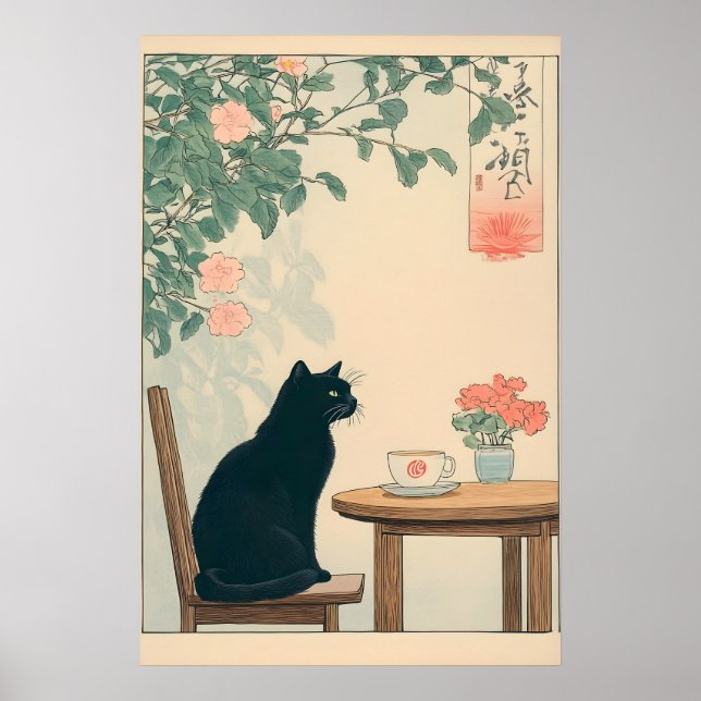 Black Cat And Coffee Print Ukiyo-e Japandi Art (Front)