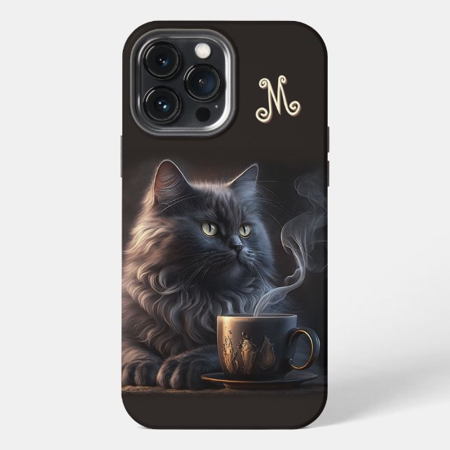 Black Cat and Coffee wiht Monogram iPhone Case (Back)
