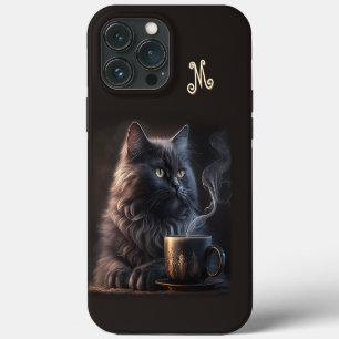 Black Cat and Coffee wiht Monogram iPhone 13 Pro Max Case