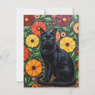 Black Cat and Colorful Folk Art Flowers Postcard