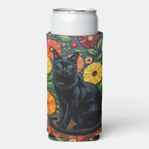 Black Cat and Colorful Folk Art Flowers Seltzer Can Cooler