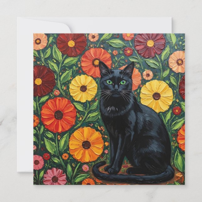 Black Cat and Colourful Folk Art Flowers (Front)
