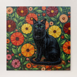 Black Cat and Colourful Folk Art Flowers Jigsaw Puzzle