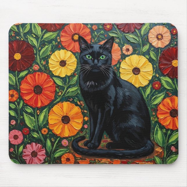 Black Cat and Colourful Folk Art Flowers Mouse Mat (Front)