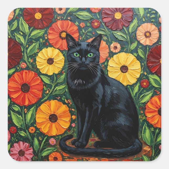 Black Cat and Colourful Folk Art Flowers Square Sticker (Front)