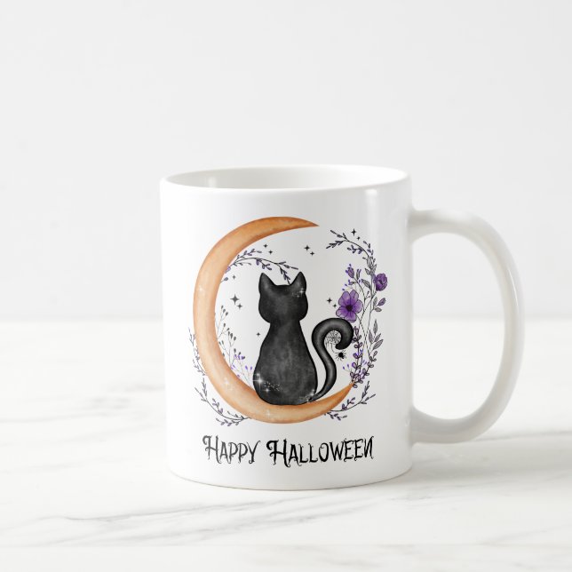 Black Cat and Crescent Moon for Happy Halloween Coffee Mug (Right)