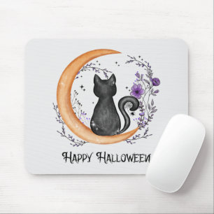 Black Cat and Crescent Moon for Happy Halloween Mouse Mat