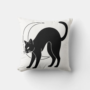 Black Cat and Crescent Moon Line Art Cushion