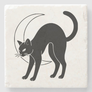 Black Cat and Crescent Moon Line Art Stone Coaster