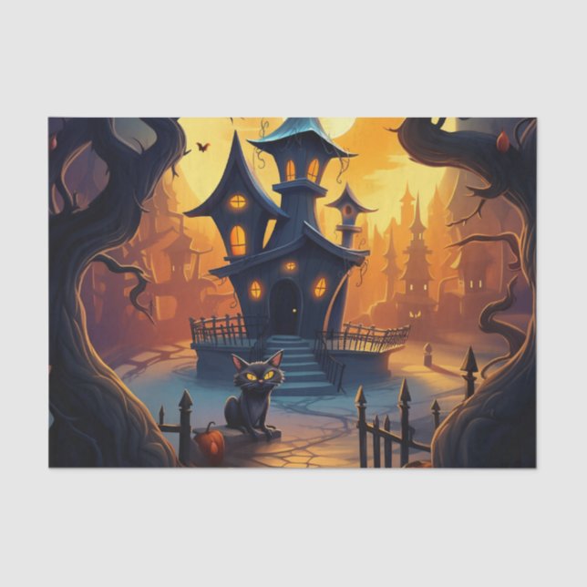 Black Cat and Crooked House Halloween Decoupage Tissue Paper (Front)