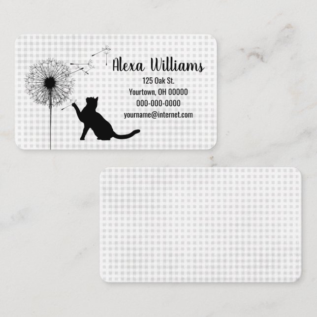 Black Cat and Dandelion On Gingham Business Card (Front/Back)